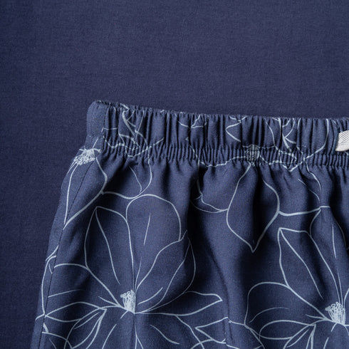 Women summer pajama set Dark blue Tee + Magnolia floral shorts